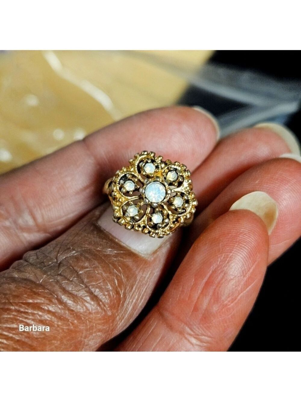 SUM-SPEC Faux Opal Flower Cluster Gold-tone Ring, Size 5.5